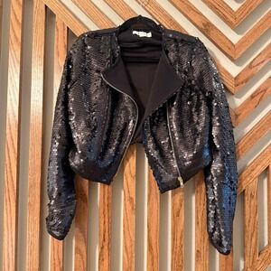 Black Sequin Moto Jacket Cropped Biker Gold Zip NYLON Size L Party Glam